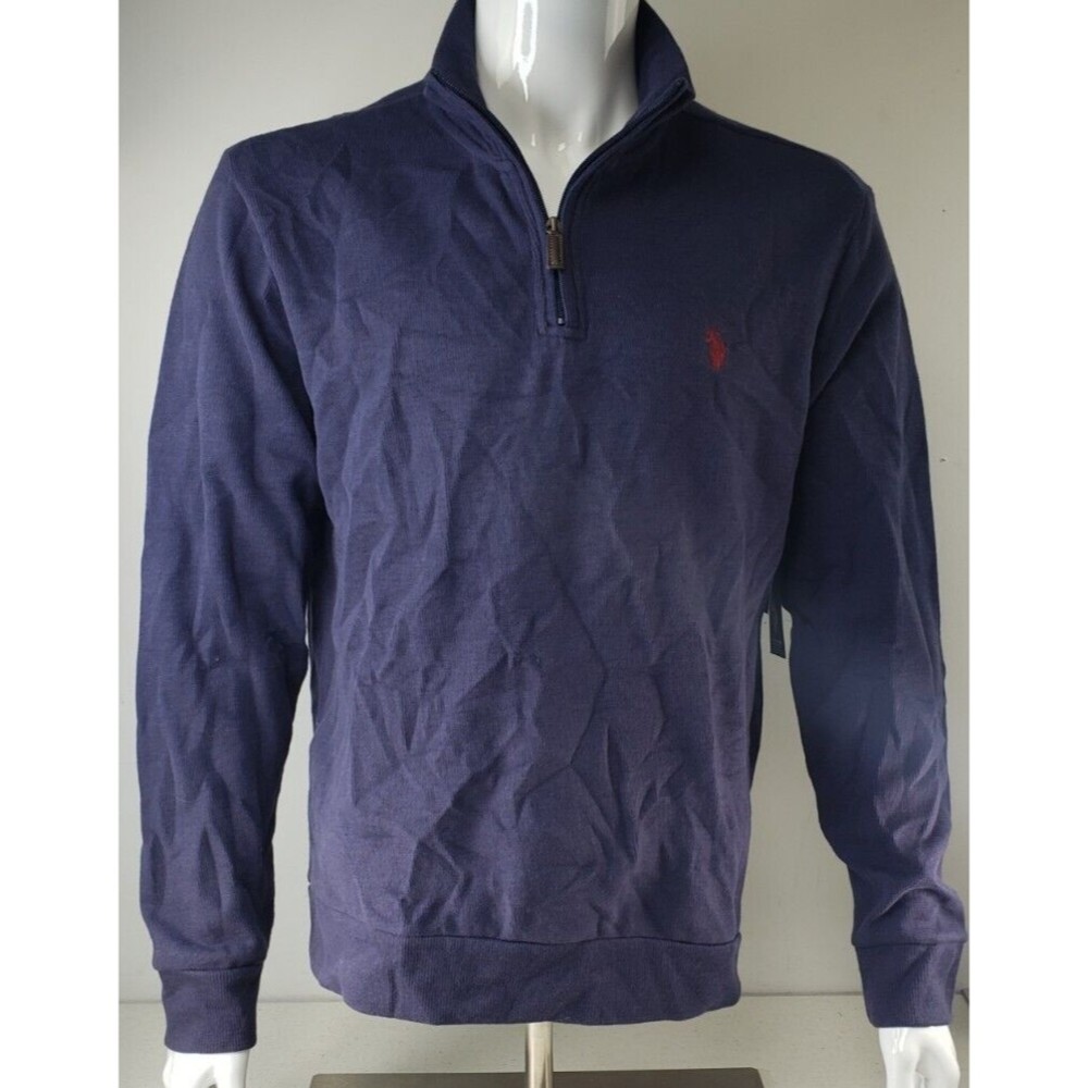 U.S. Polo Assn Mens Quarter Zip Flat Back Rib Pullover Navy Blue Size L